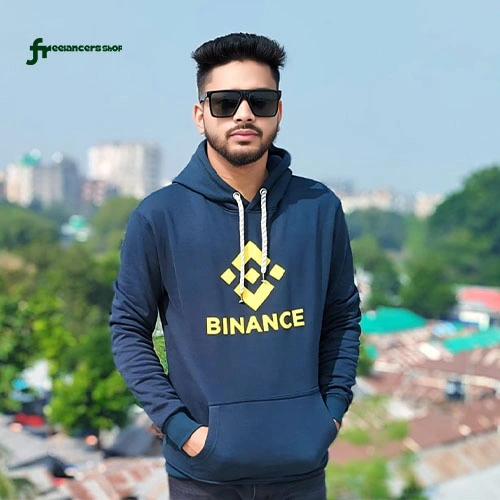 নেভি ব্লু Binance লোগো প্রিমিয়াম হুডি পরা একজন পুরুষ – ফ্রিল্যান্সার্স শপ