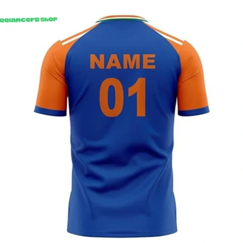 পিছনে নাম এবং নম্বর মুদ্রিত কাস্টমাইজড নীল এবং কমলা স্পোর্টস জার্সি