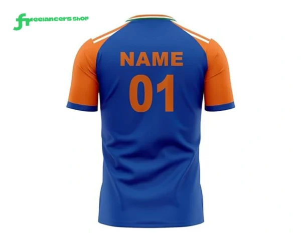 পিছনে নাম এবং নম্বর মুদ্রিত কাস্টমাইজড নীল এবং কমলা স্পোর্টস জার্সি