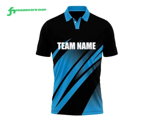 কাস্টমাইজড কালো এবং নীল টিম জার্সি টি-শার্ট যার সামনে ব্যক্তিগতকৃত টিমের নাম মুদ্রিত