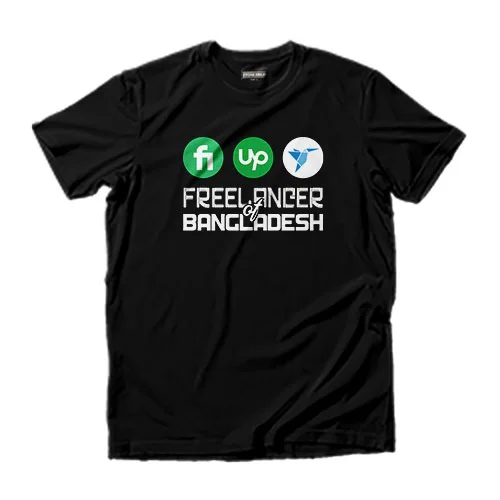 ফাইভার, আপওয়ার্ক এবং ফ্রিল্যান্সারের লোগো এবং “ফ্রিল্যান্সার অফ বাংলাদেশ” প্রিন্ট সহ কালো টি-শার্ট – ফ্রিল্যান্সার্স শপ
