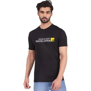 কালো কটন টি-শার্ট যাতে “JavaScript Developer” লোগো প্রিন্ট করা আছে