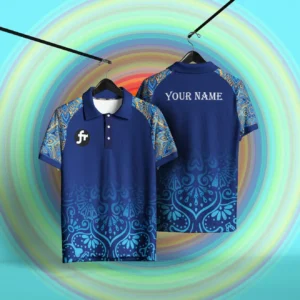 নেভি ব্লু রঙের কাস্টম নেম প্রিন্ট করা পোলো জার্সি, এথনিক প্যাটার্ন ডিজাইনসহ সামনে ও পেছনে ঝুলানো অবস্থায় প্রদর্শিত।