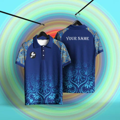 নেভি ব্লু রঙের কাস্টম নেম প্রিন্ট করা পোলো জার্সি, এথনিক প্যাটার্ন ডিজাইনসহ সামনে ও পেছনে ঝুলানো অবস্থায় প্রদর্শিত।