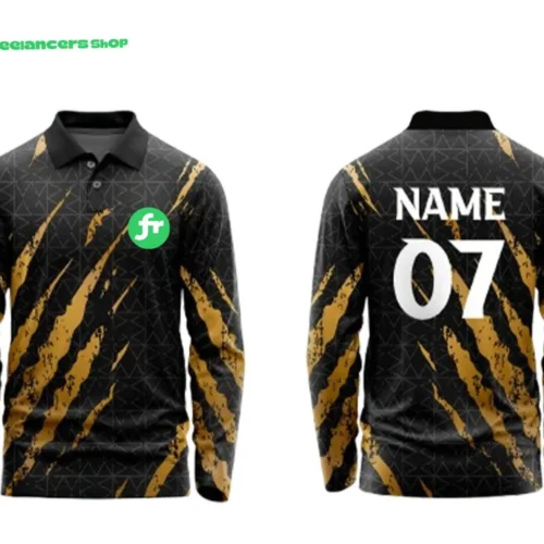 কালো ও সোনালি রঙের লং স্লিভ কাস্টম স্পোর্টস জার্সি, সামনের অংশে “fr” লোগো এবং পেছনে “NAME 07” প্রিন্টসহ।