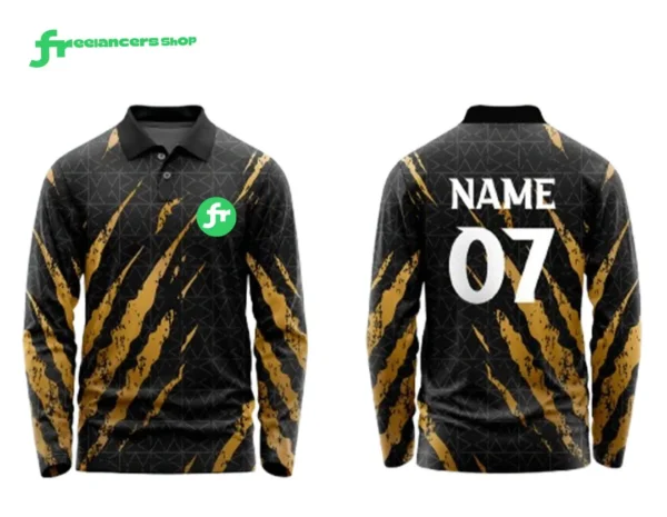 কালো ও সোনালি রঙের লং স্লিভ কাস্টম স্পোর্টস জার্সি, সামনের অংশে “fr” লোগো এবং পেছনে “NAME 07” প্রিন্টসহ।