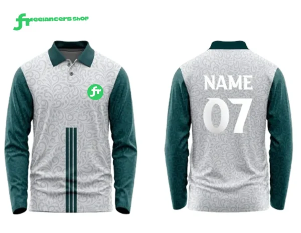 সাদা ও সবুজ রঙের লং স্লিভ কাস্টম স্পোর্টস জার্সি, সামনের অংশে “fr” লোগো এবং পেছনে “NAME 07” প্রিন্টসহ।