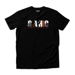 কালো কটন টি-শার্ট যার উপর লেখা আছে “Graphic Design — Creative Generations” সাদা ও কমলা টাইপোগ্রাফি ডিজাইনে।