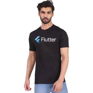 কালো কটন টি-শার্ট যাতে নীল “Flutter” লোগো প্রিন্ট করা আছে