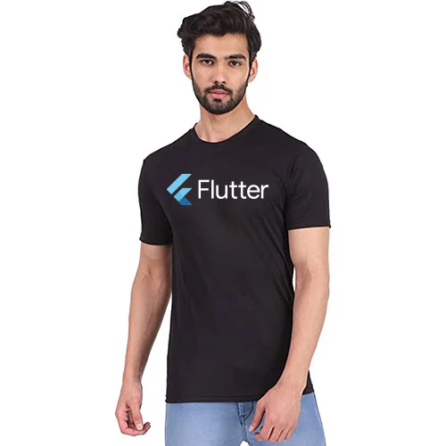 কালো কটন টি-শার্ট যাতে নীল “Flutter” লোগো প্রিন্ট করা আছে